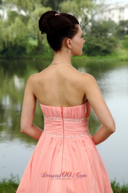 Light Pink Ruffled Mini-length Beaded Homecoming Dress