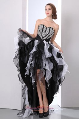 Ruffles High-Low White and Black Prom Holiday Dress Beaded