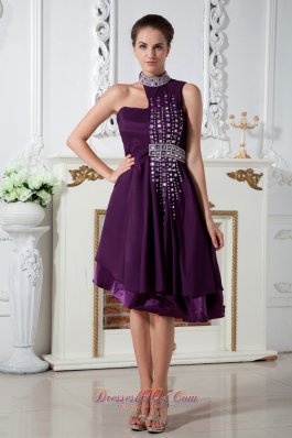 High Neck Dark Purple Knee-length Beads Prom Dress