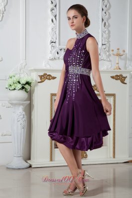 High Neck Dark Purple Knee-length Beads Prom Dress