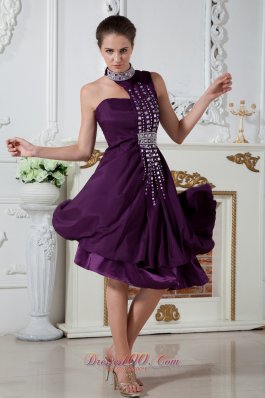 High Neck Dark Purple Knee-length Beads Prom Dress