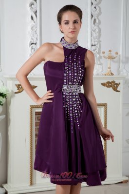 High Neck Dark Purple Knee-length Beads Prom Dress