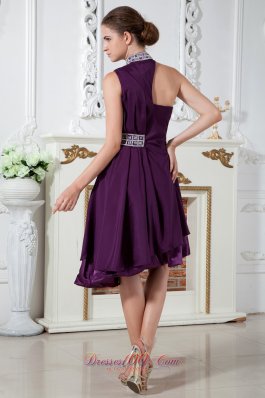 High Neck Dark Purple Knee-length Beads Prom Dress