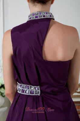 High Neck Dark Purple Knee-length Beads Prom Dress