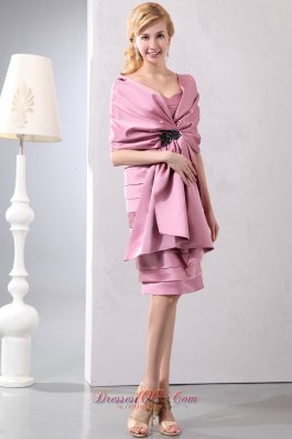 Knee-length Pink Layers Column Mother Dress with Shawl