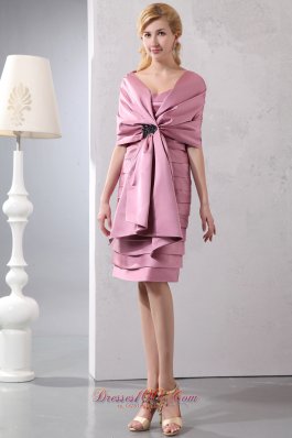 Knee-length Pink Layers Column Mother Dress with Shawl