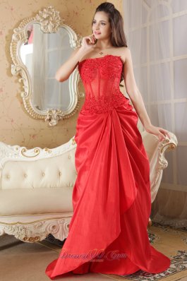 Brush Train Red A-line Taffeta Lace Prom Dress