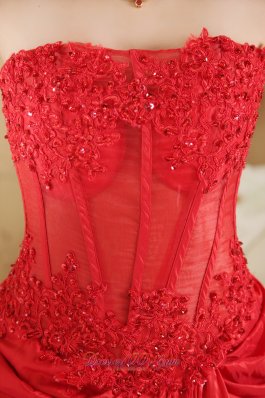 Brush Train Red A-line Taffeta Lace Prom Dress