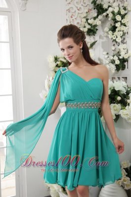 Asym Sleeve Knee-length Turquoise Beaded Bridesmaid Dress