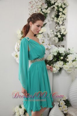 Asym Sleeve Knee-length Turquoise Beaded Bridesmaid Dress