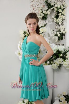 Asym Sleeve Knee-length Turquoise Beaded Bridesmaid Dress