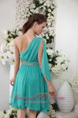 Asym Sleeve Knee-length Turquoise Beaded Bridesmaid Dress