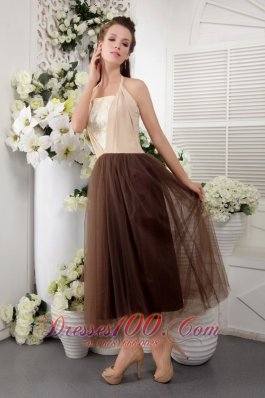 Brown Halter Tulle Tea-length Lace Bridesmaid Dress
