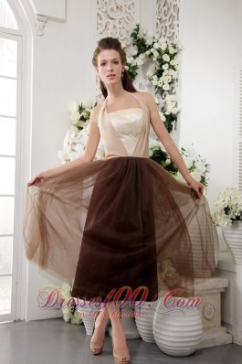 Brown Halter Tulle Tea-length Lace Bridesmaid Dress