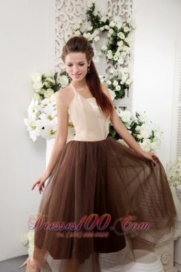 Brown Halter Tulle Tea-length Lace Bridesmaid Dress