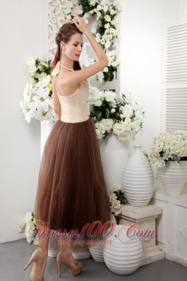 Brown Halter Tulle Tea-length Lace Bridesmaid Dress