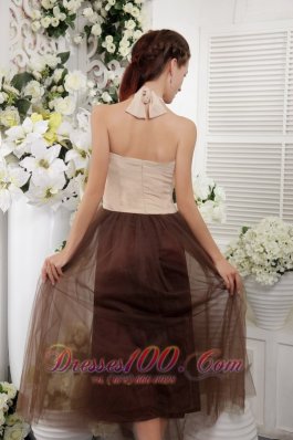 Brown Halter Tulle Tea-length Lace Bridesmaid Dress