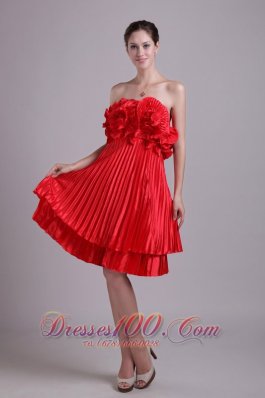 Handle Flower Red Knee-length Cocktail Dress Pleated