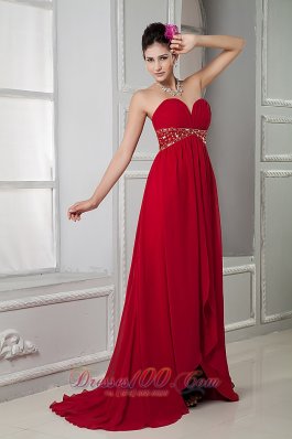 Front Split Wine Red Beads Evening Gown Brush Train