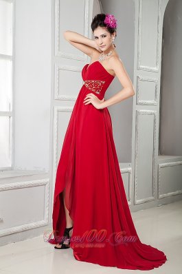 Front Split Wine Red Beads Evening Gown Brush Train