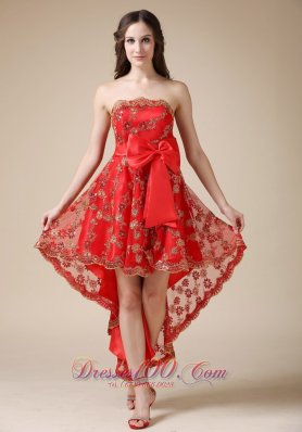 Lace Overlay High-low Red Cocktail Dress with Bowknot