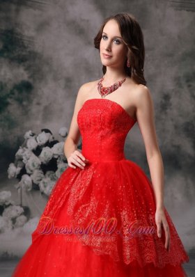 Red Ball Gown Sequined Quinceanera Dress Layered