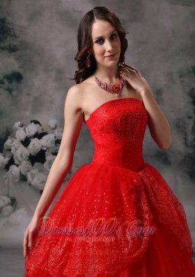 Red Ball Gown Sequined Quinceanera Dress Layered