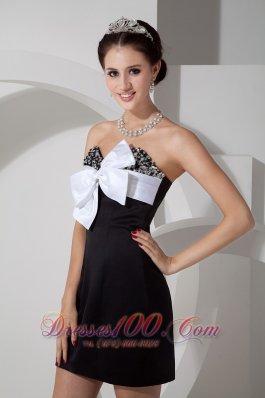 Black Satin Beading Mini-length Bow Cocktail Dress