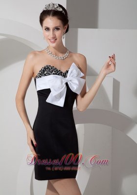 Black Satin Beading Mini-length Bow Cocktail Dress