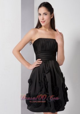 Pleated Short Black Bridesmaid Dress with Hand Flowers