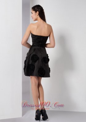 Pleated Short Black Bridesmaid Dress with Hand Flowers