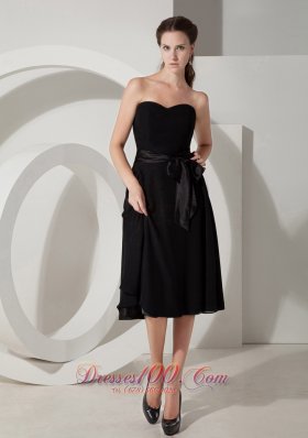 Sashed Tea-length Black Chiffon Bridesmaid Dress