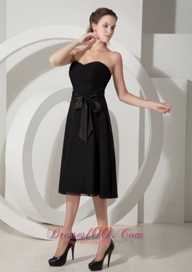 Sashed Tea-length Black Chiffon Bridesmaid Dress