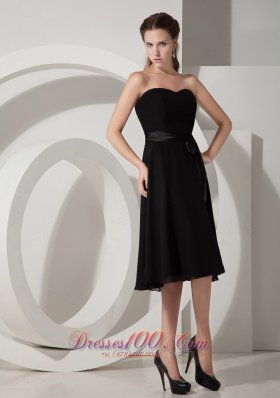 Sashed Tea-length Black Chiffon Bridesmaid Dress