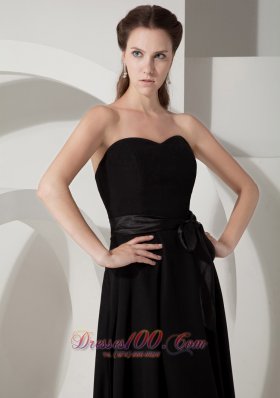 Sashed Tea-length Black Chiffon Bridesmaid Dress