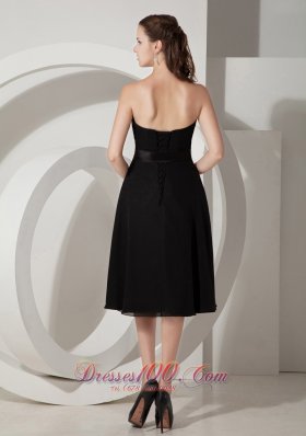 Sashed Tea-length Black Chiffon Bridesmaid Dress