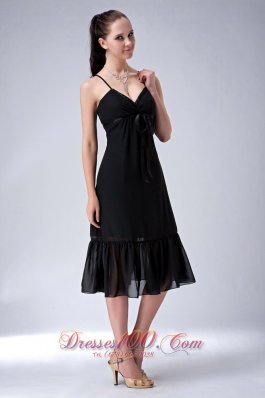 Tea-length Straps Black Column Dress for Bridesmaid