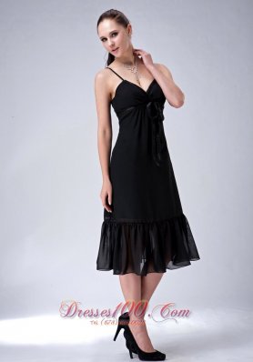 Tea-length Straps Black Column Dress for Bridesmaid