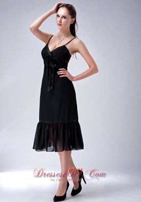 Tea-length Straps Black Column Dress for Bridesmaid