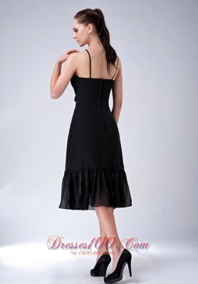 Tea-length Straps Black Column Dress for Bridesmaid