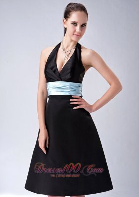 Halter Knee-length Black Bridesmaid Dress with Blue Belt