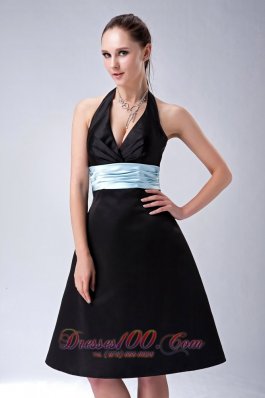 Halter Knee-length Black Bridesmaid Dress with Blue Belt