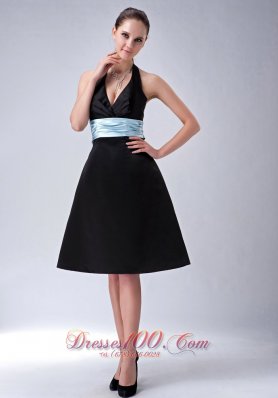 Halter Knee-length Black Bridesmaid Dress with Blue Belt