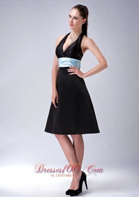 Halter Knee-length Black Bridesmaid Dress with Blue Belt