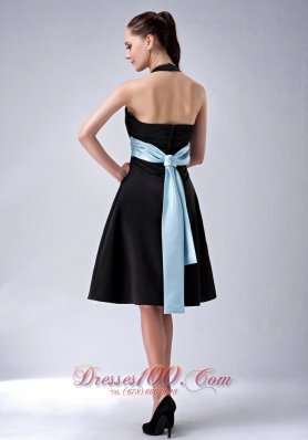 Halter Knee-length Black Bridesmaid Dress with Blue Belt