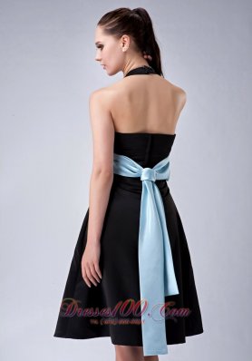 Halter Knee-length Black Bridesmaid Dress with Blue Belt