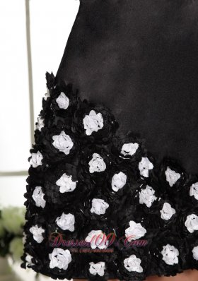 One Shoulder Hand Made Flowers Black Cocktail Dress