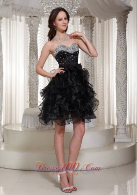 Beaded Sweetheart Black Cocktail Dress with Ruffles