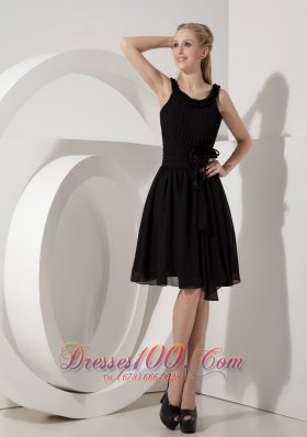 Knee-length Little Black Dress Scoop Chiffon Sash