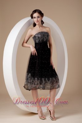 Organza A-line Embroidery Tea-length Black Prom Dress